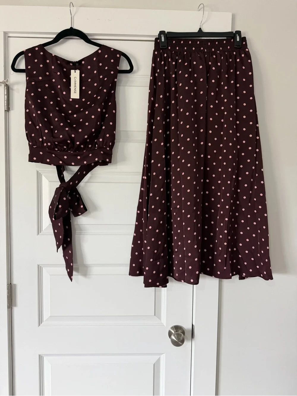 Commense Polka Dot Two Piece Brown Top and Skirt Set - Picture 2 of 6